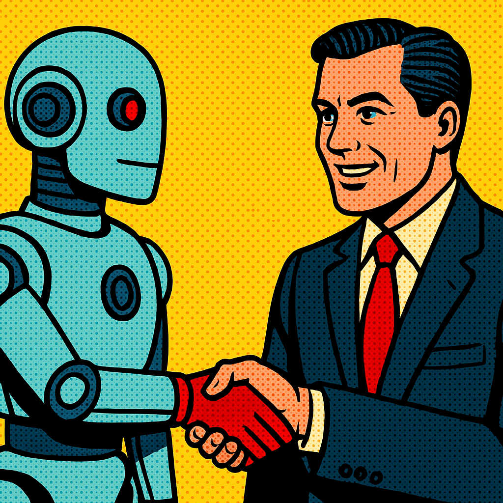 A robot is shaking hands with a man in a suit and tie.