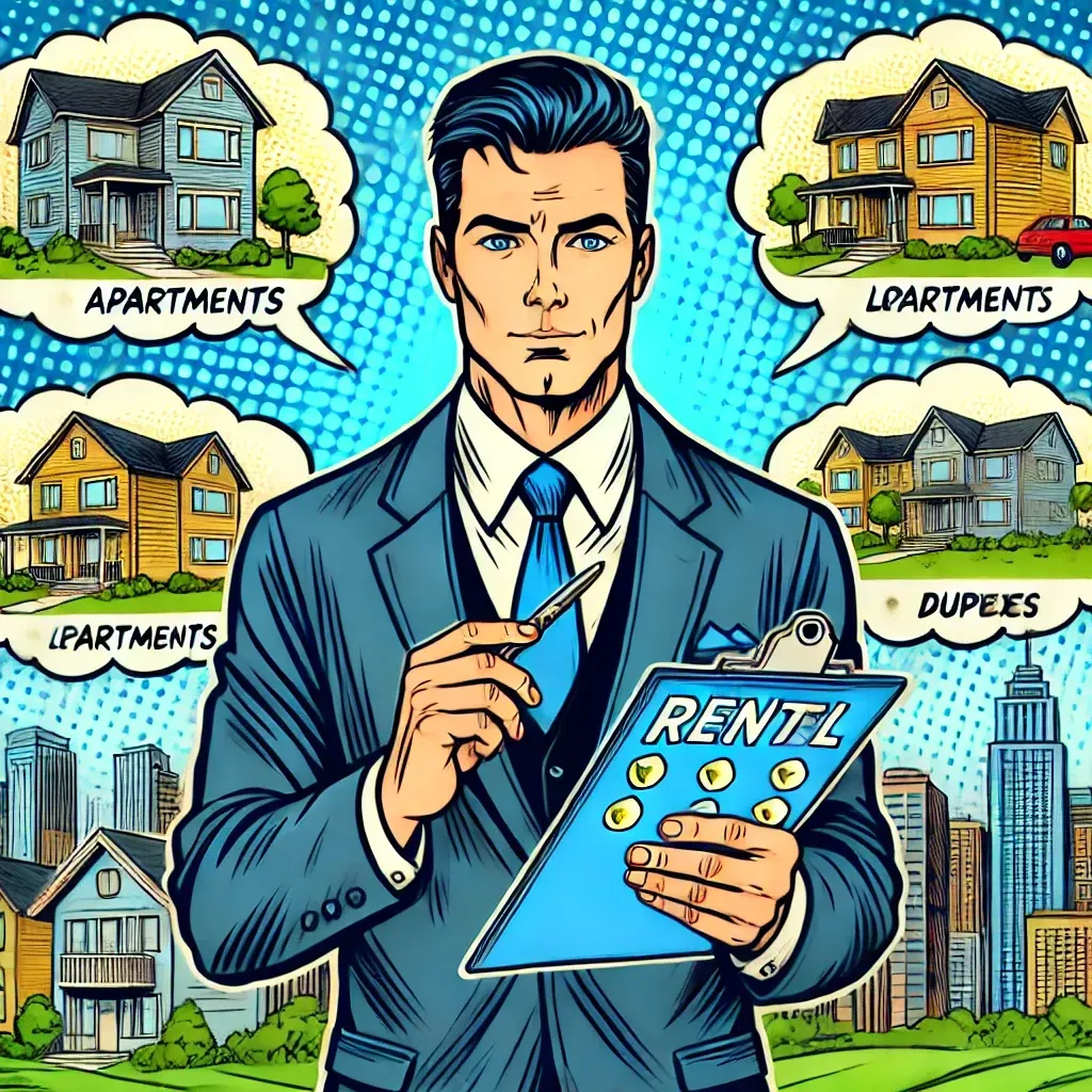 A man is holding a clipboard with the word rent on it
