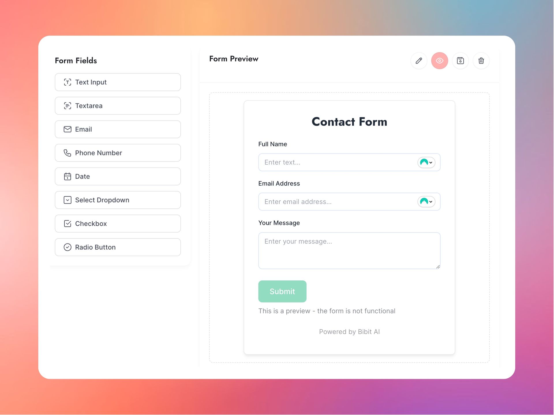 Form creation interface. Displays form fields and a preview of a contact form with name, email, and message fields.