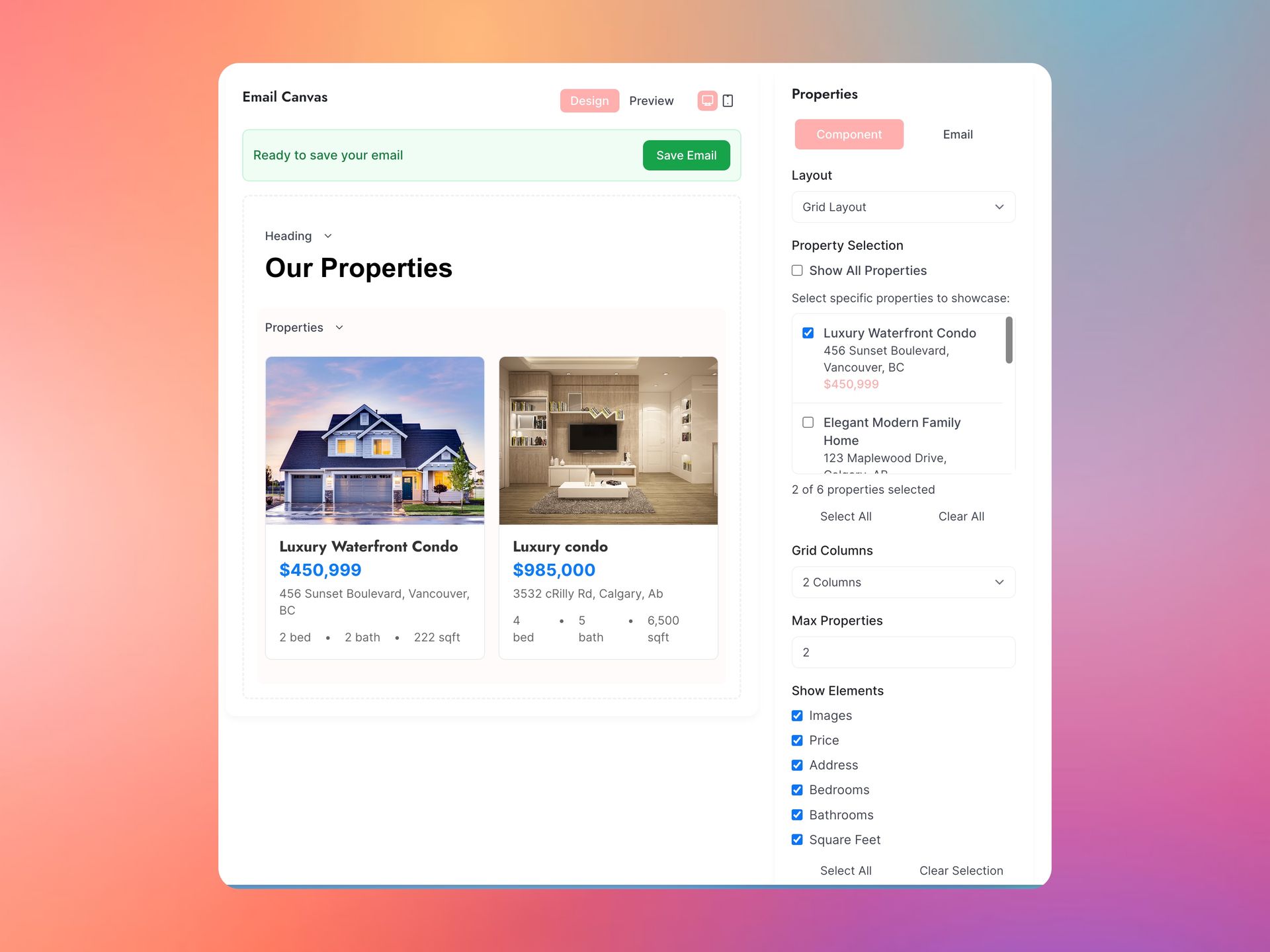 Real estate website interface displaying property listings and filter options.