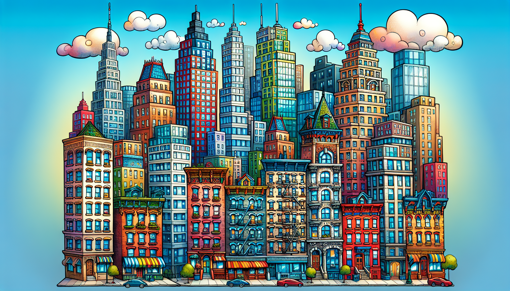 A cartoon drawing of a city with lots of buildings