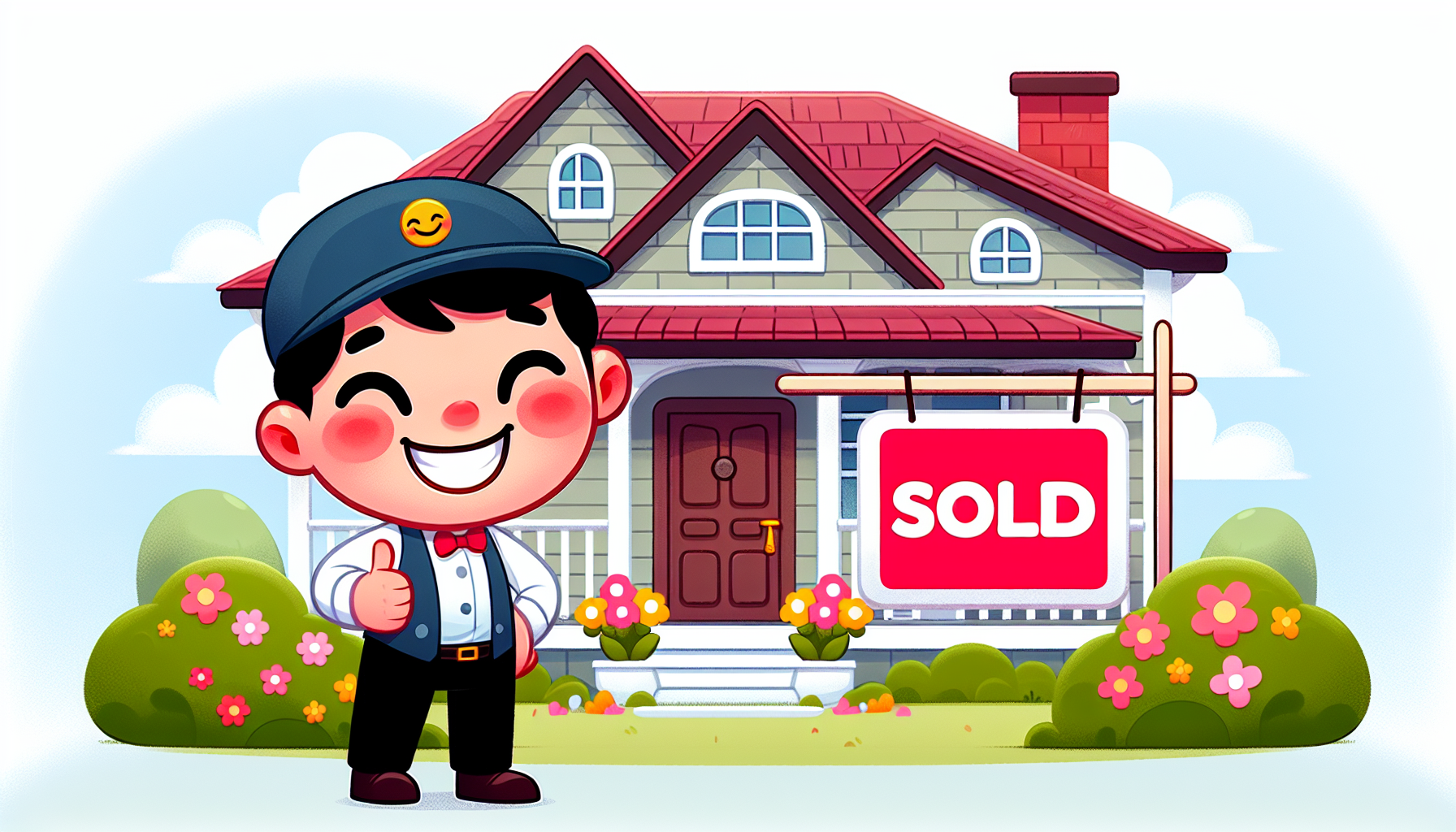 A cartoon man is standing in front of a house with a sold sign.