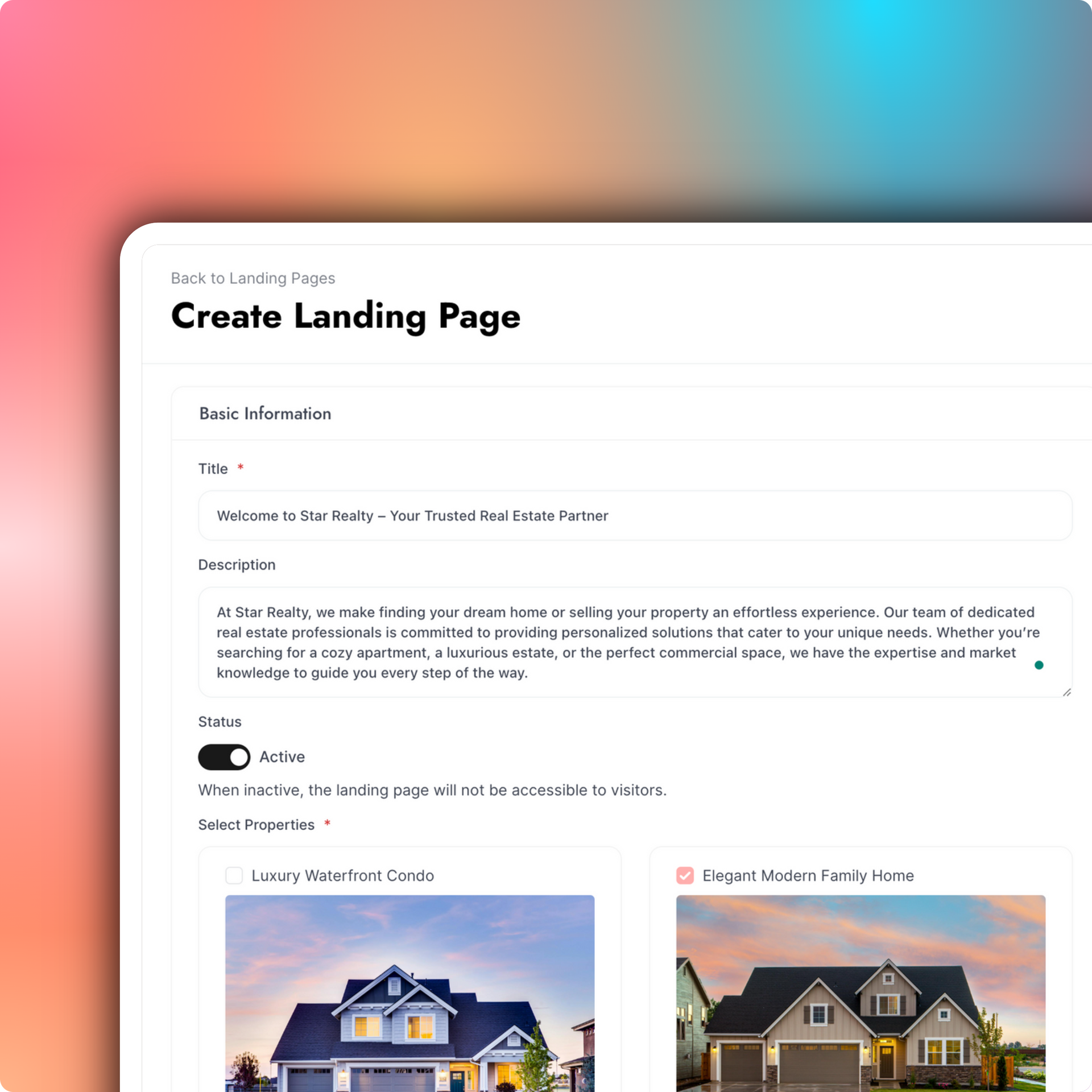 A landing page with a picture of a house on it.