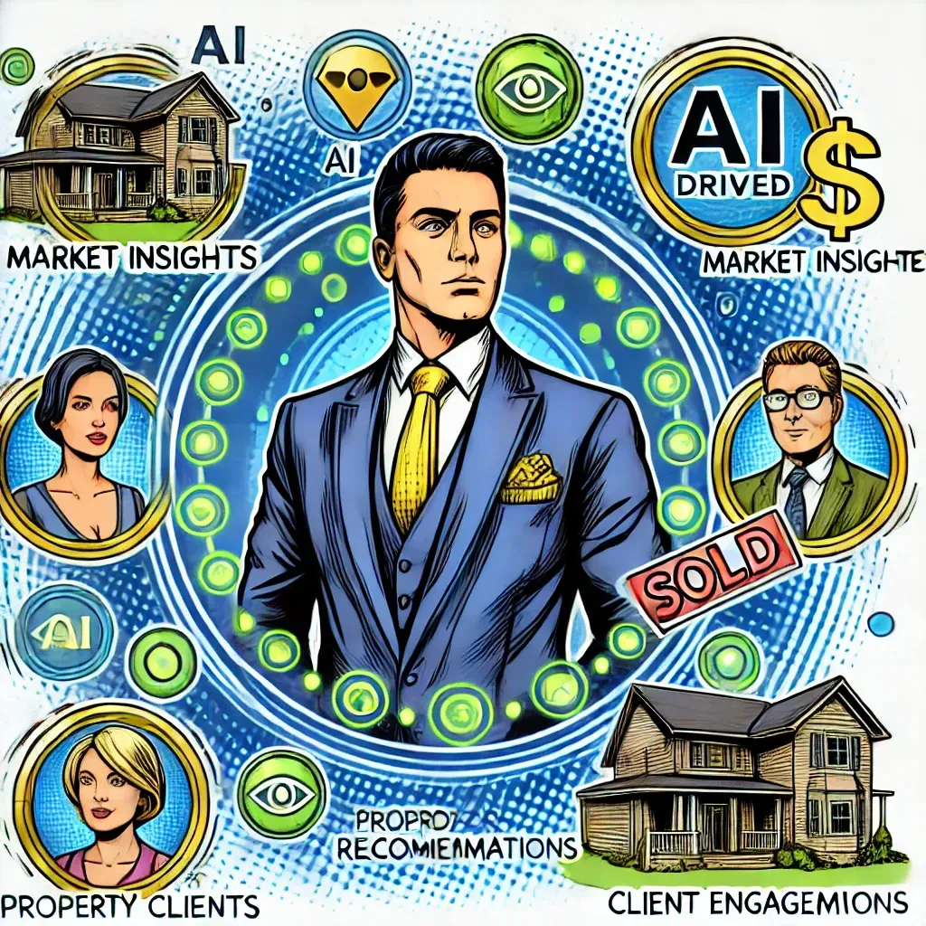 A man in a suit and tie is surrounded by houses and people.