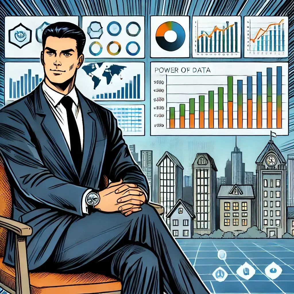 A man in a suit and tie is sitting in a chair in front of a city.