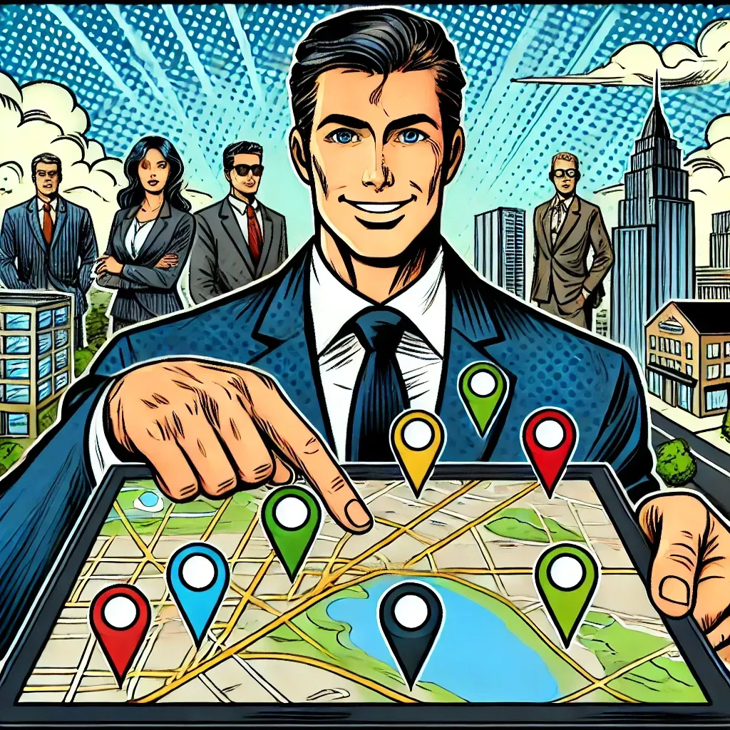 A man in a suit and tie is holding a tablet with a map on it.