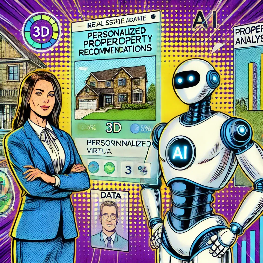 A woman and a robot are standing next to each other in front of a house.
