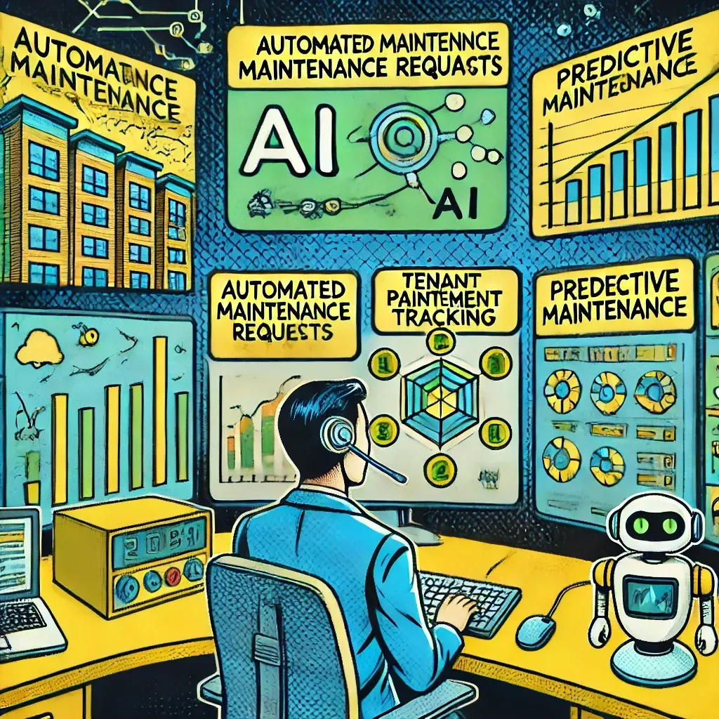 An illustration of a man sitting in front of a computer with a robot.