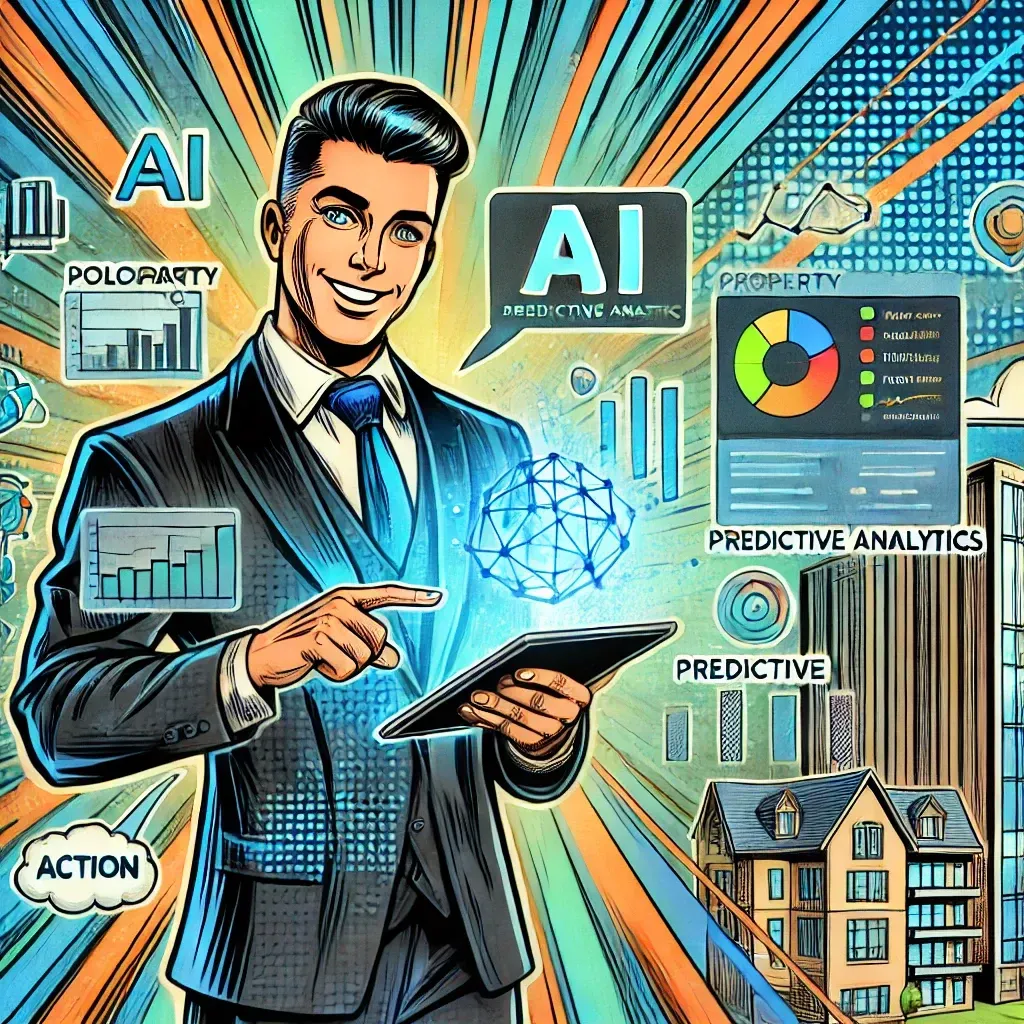 A man in a suit and tie is holding a tablet and pointing at it.