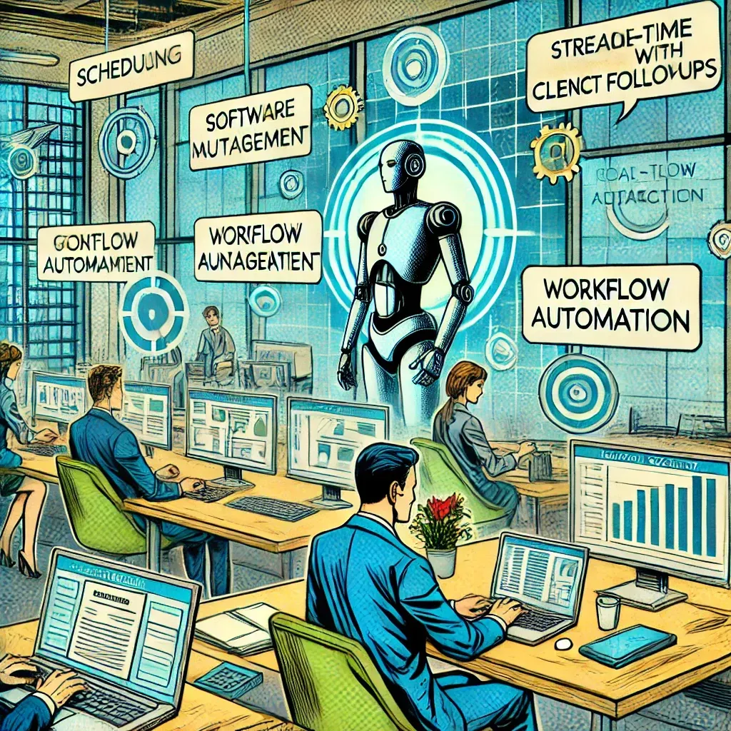 A group of people are working in an office with a robot in the background.