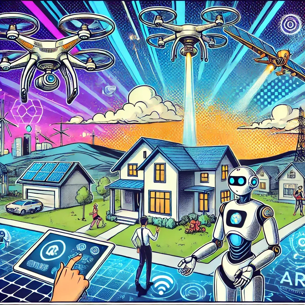 A pixel art illustration of a robot standing in front of a house.