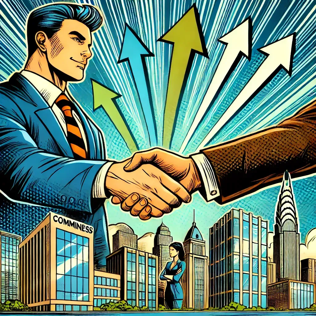 A man and woman shaking hands in front of a building that says community