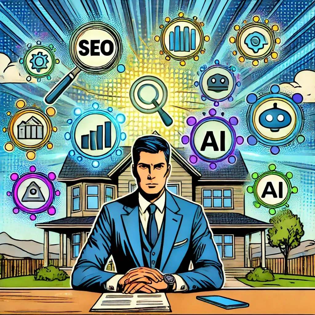 A man in a suit and tie is sitting at a desk in front of a house surrounded by icons.