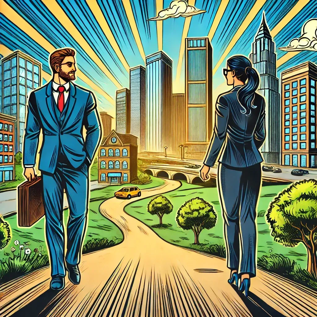 A man and a woman are walking down a path in a city.