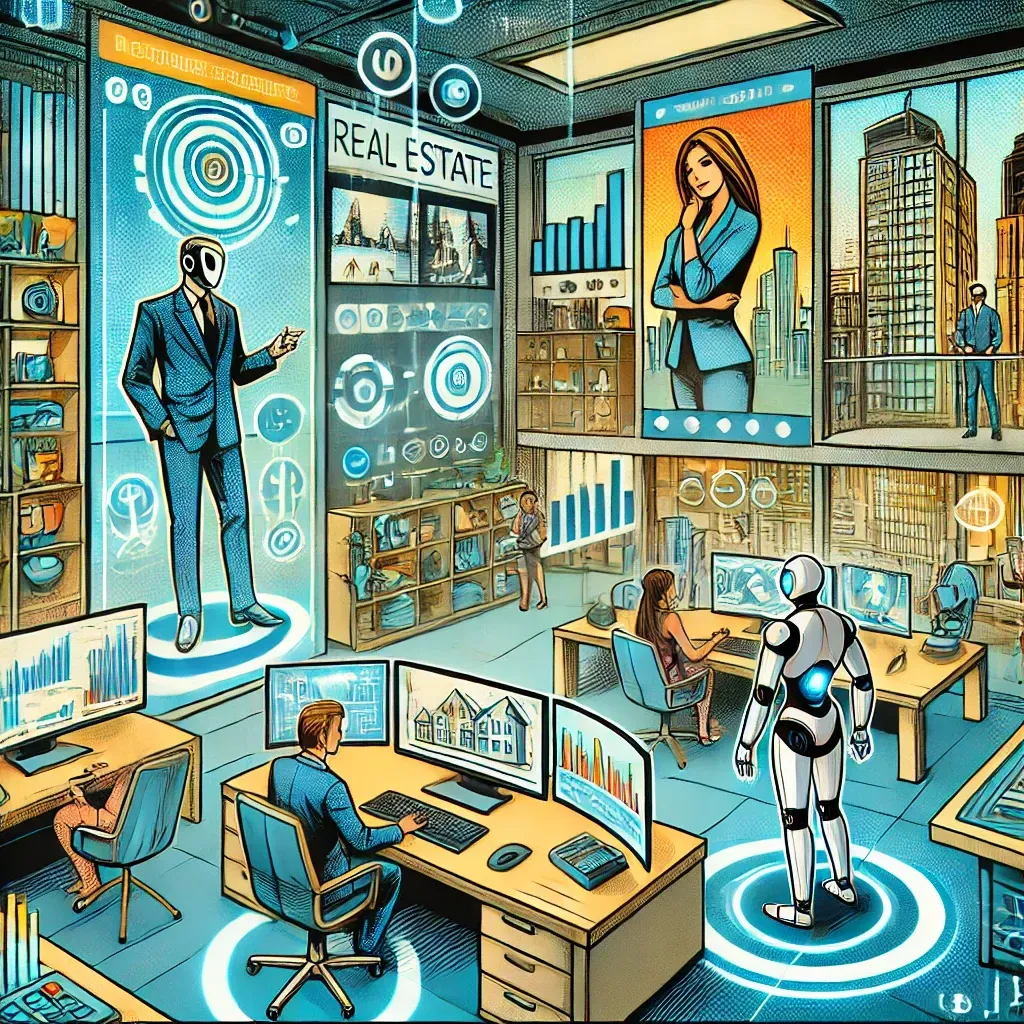 A cartoon illustration of a real estate office with a robot standing in the middle.