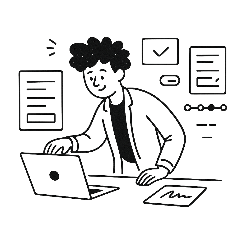 Person working on a laptop at a desk with documents and diagrams.