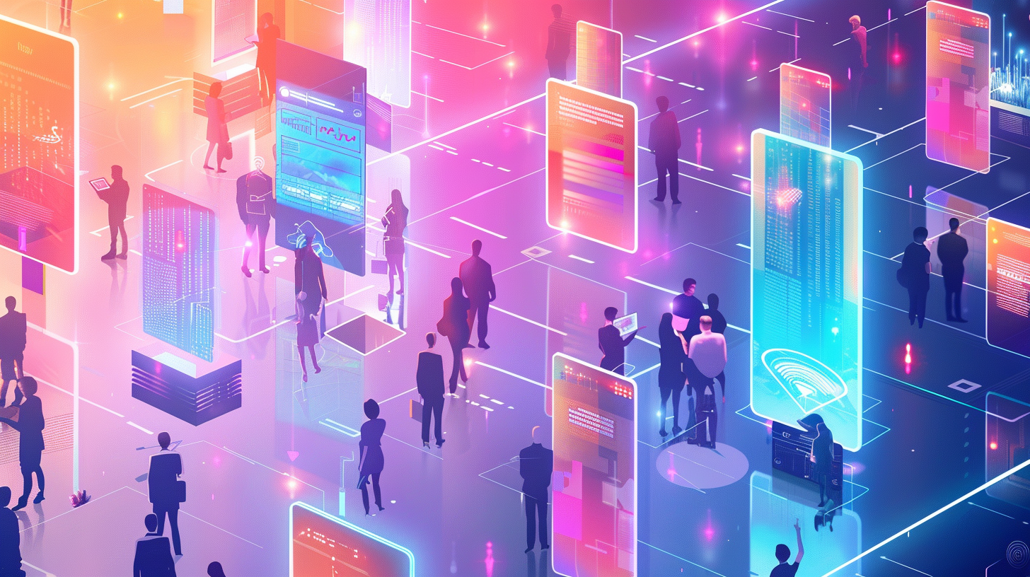 A group of people are standing in a room surrounded by glowing screens.