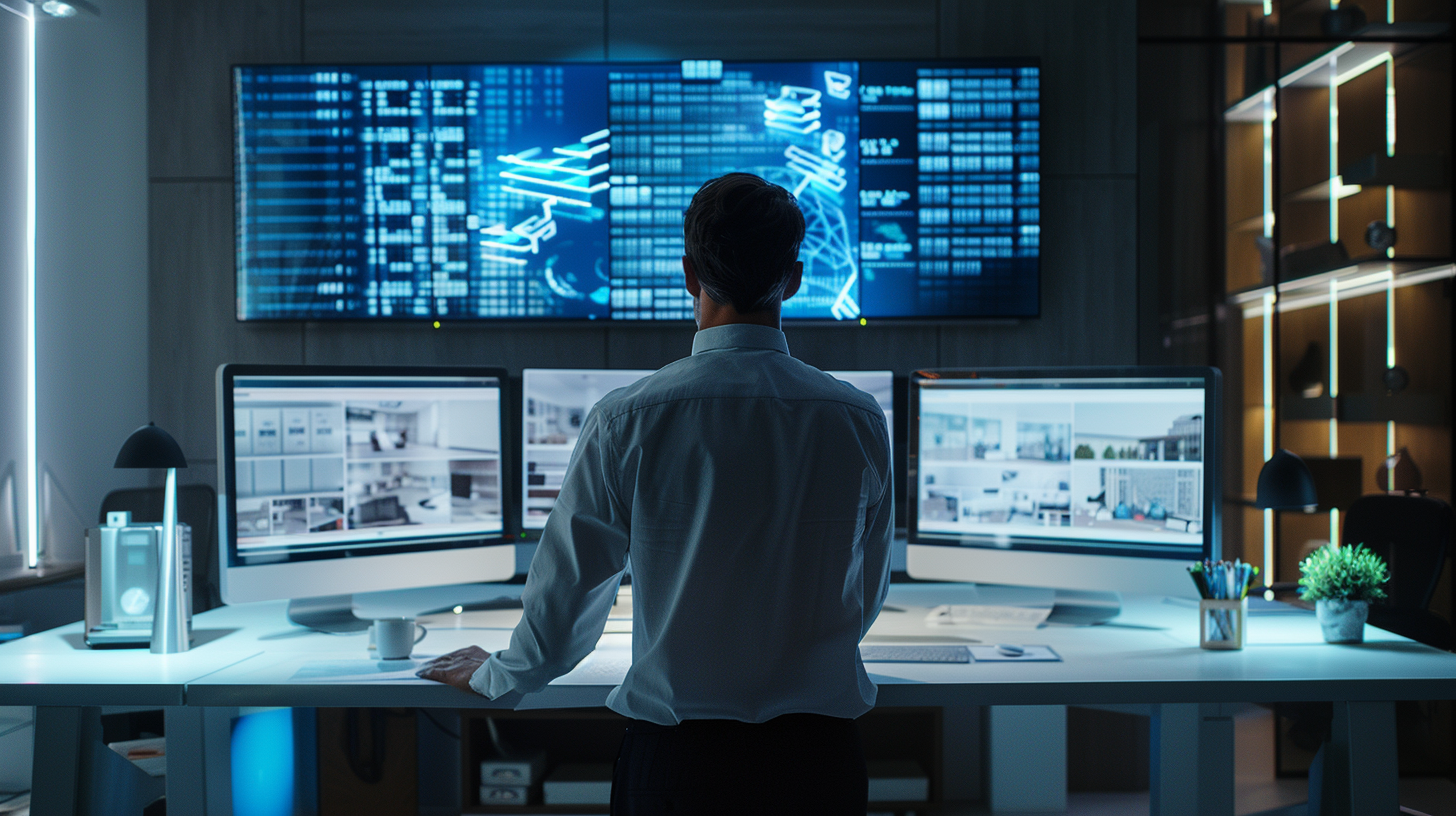 A man is sitting at a desk in front of three computer monitors.