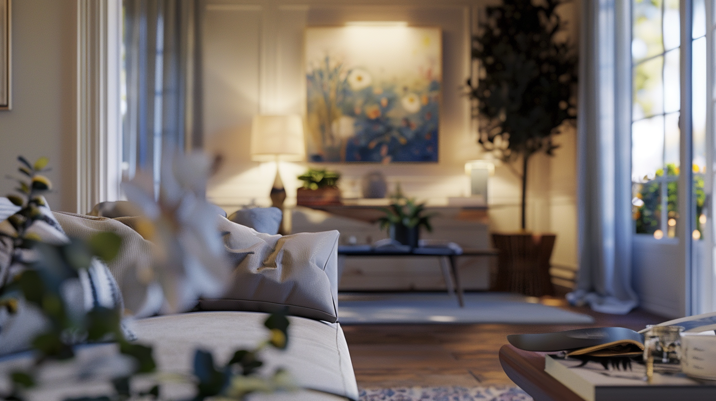 A living room with a couch , table , and a painting on the wall.