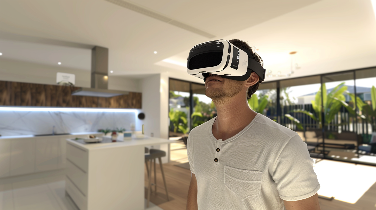 A man is wearing a virtual reality headset in a kitchen.
