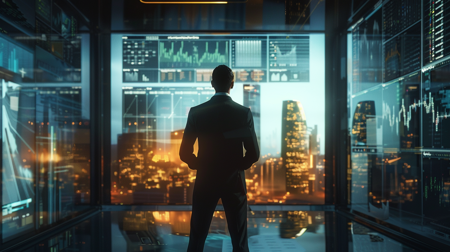 A man in a suit is looking out of a window at a city at night.