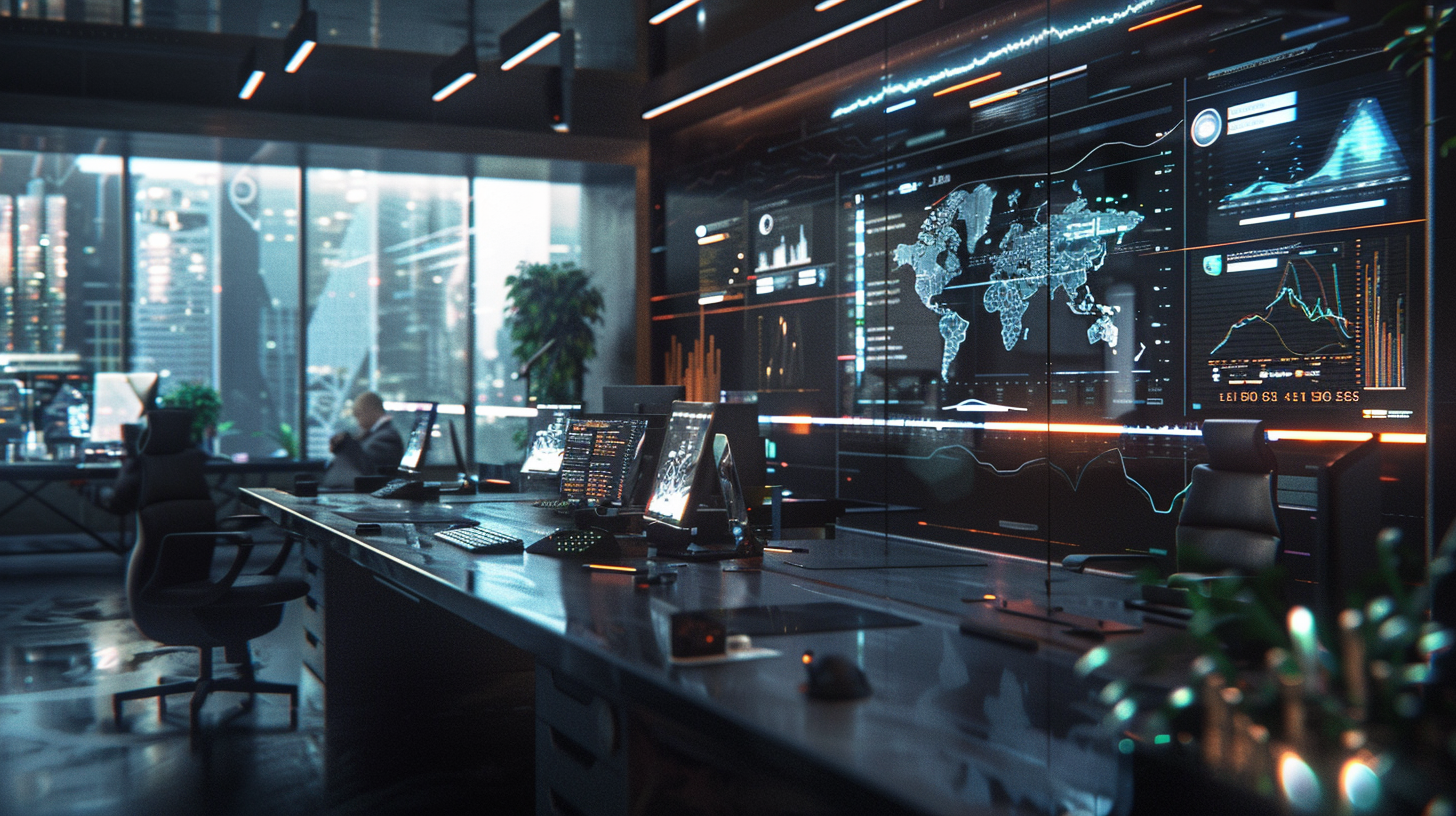 A man is sitting at a desk in a futuristic office.