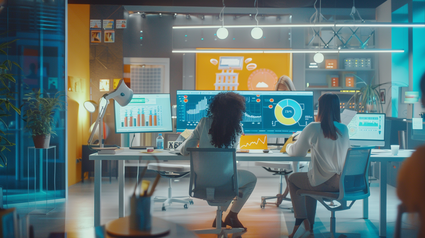 A group of people are sitting at desks in an office working on computers.