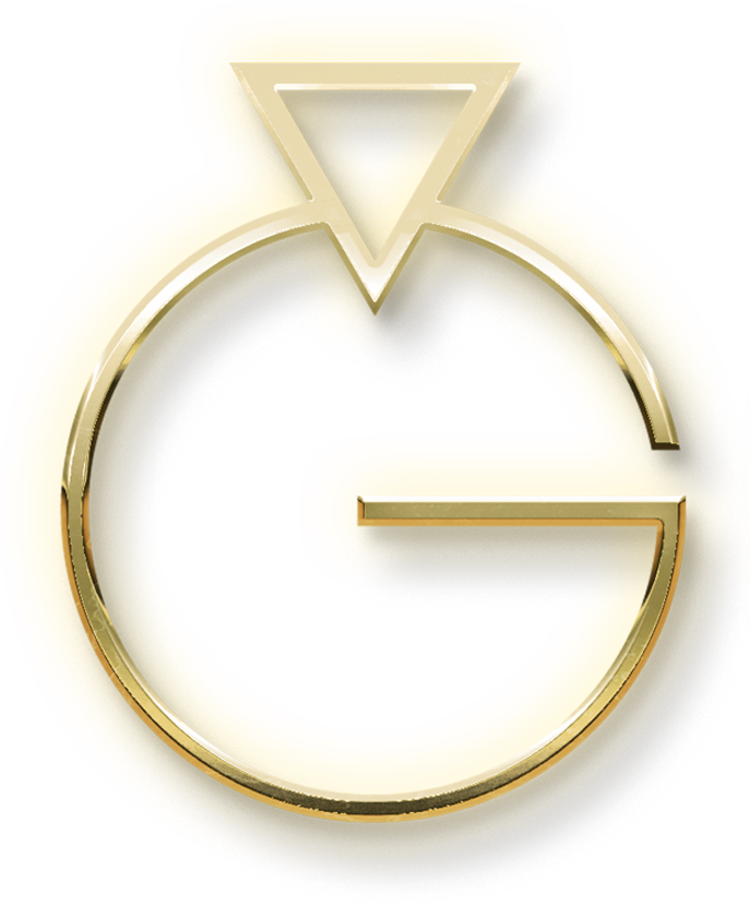 A gold letter g with a triangle in the middle on a white background.