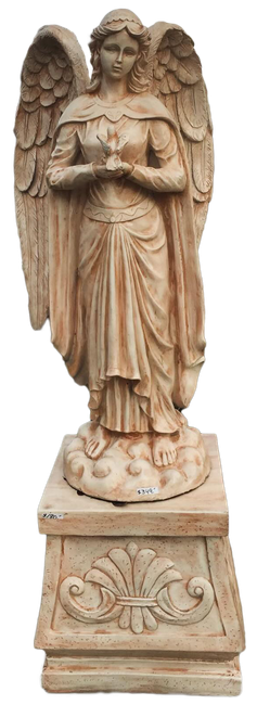 Beige angel statue with outstretched wings, standing on a carved pedestal