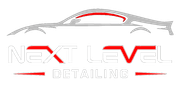 Logo for Next Level Detailing, featuring a car silhouette above the company name in gray and red.