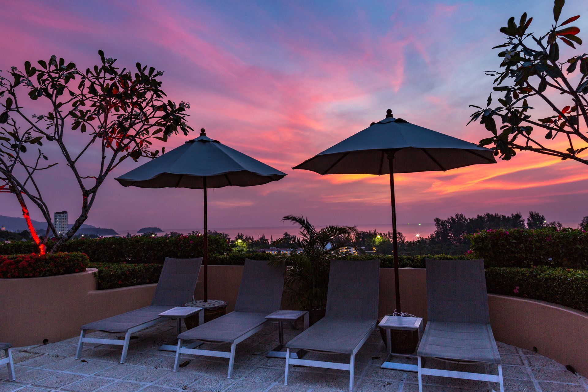 A row of lounge chairs and umbrellas in front of a sunset