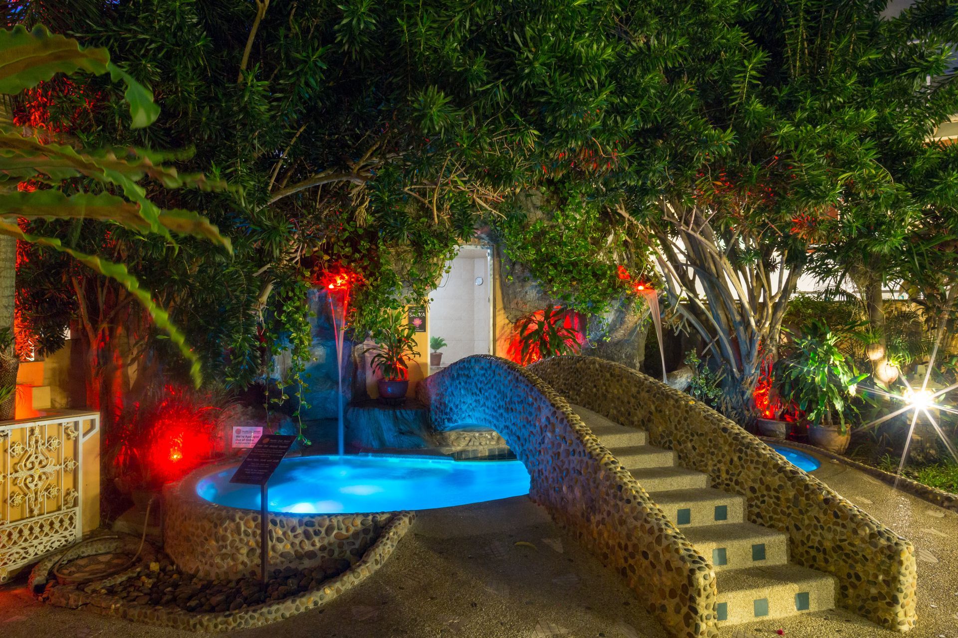 A swimming pool with stairs leading to it and trees in the background at night.