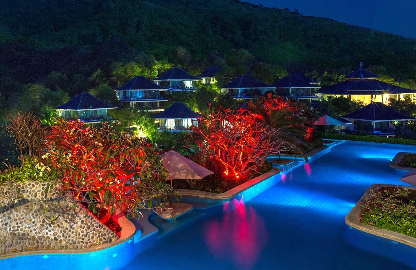 A large swimming pool surrounded by trees and houses at night