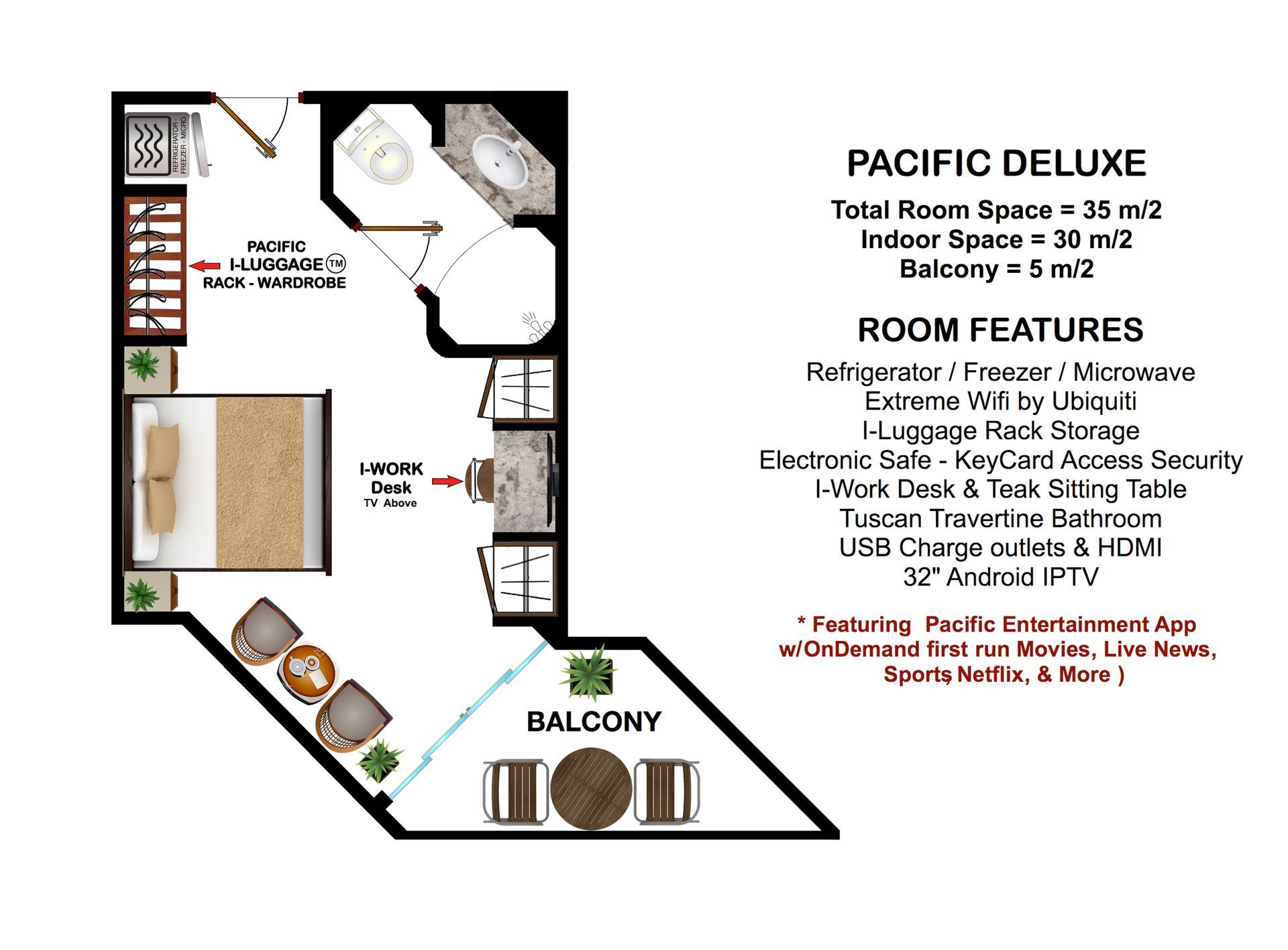 A floor plan of a pacific deluxe hotel room