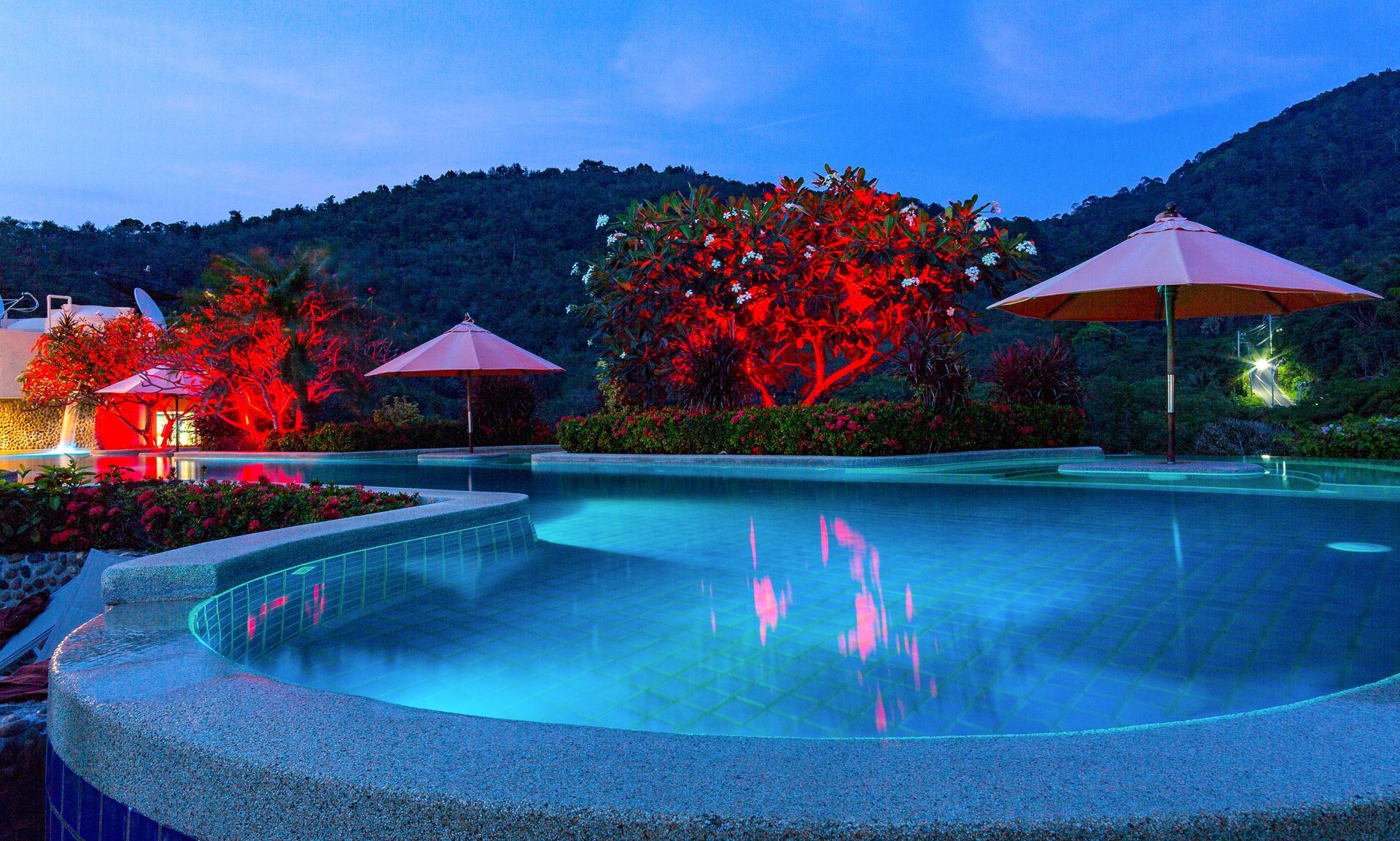 A large swimming pool with umbrellas and trees in the background