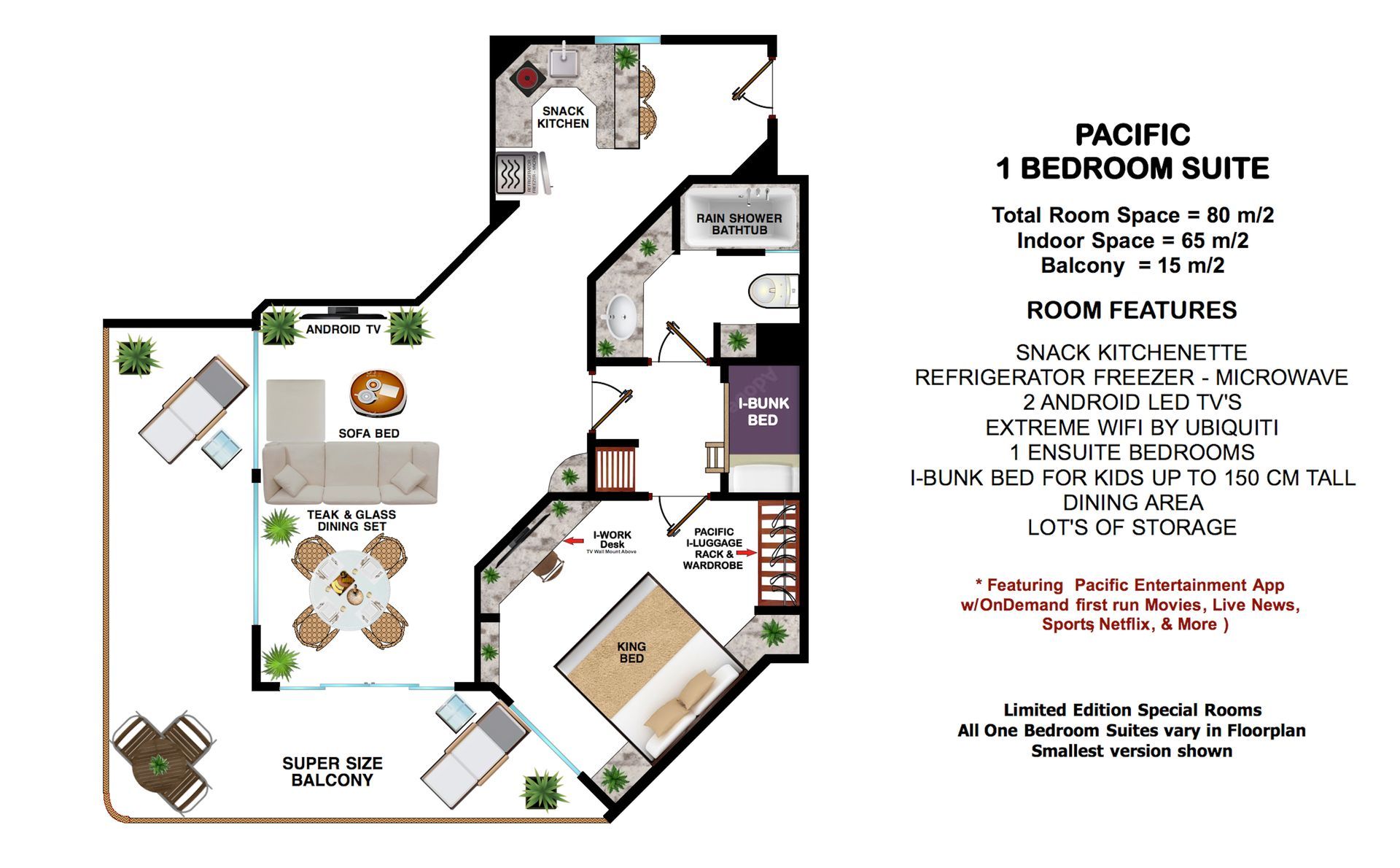 A floor plan of a pacific 1 bedroom suite