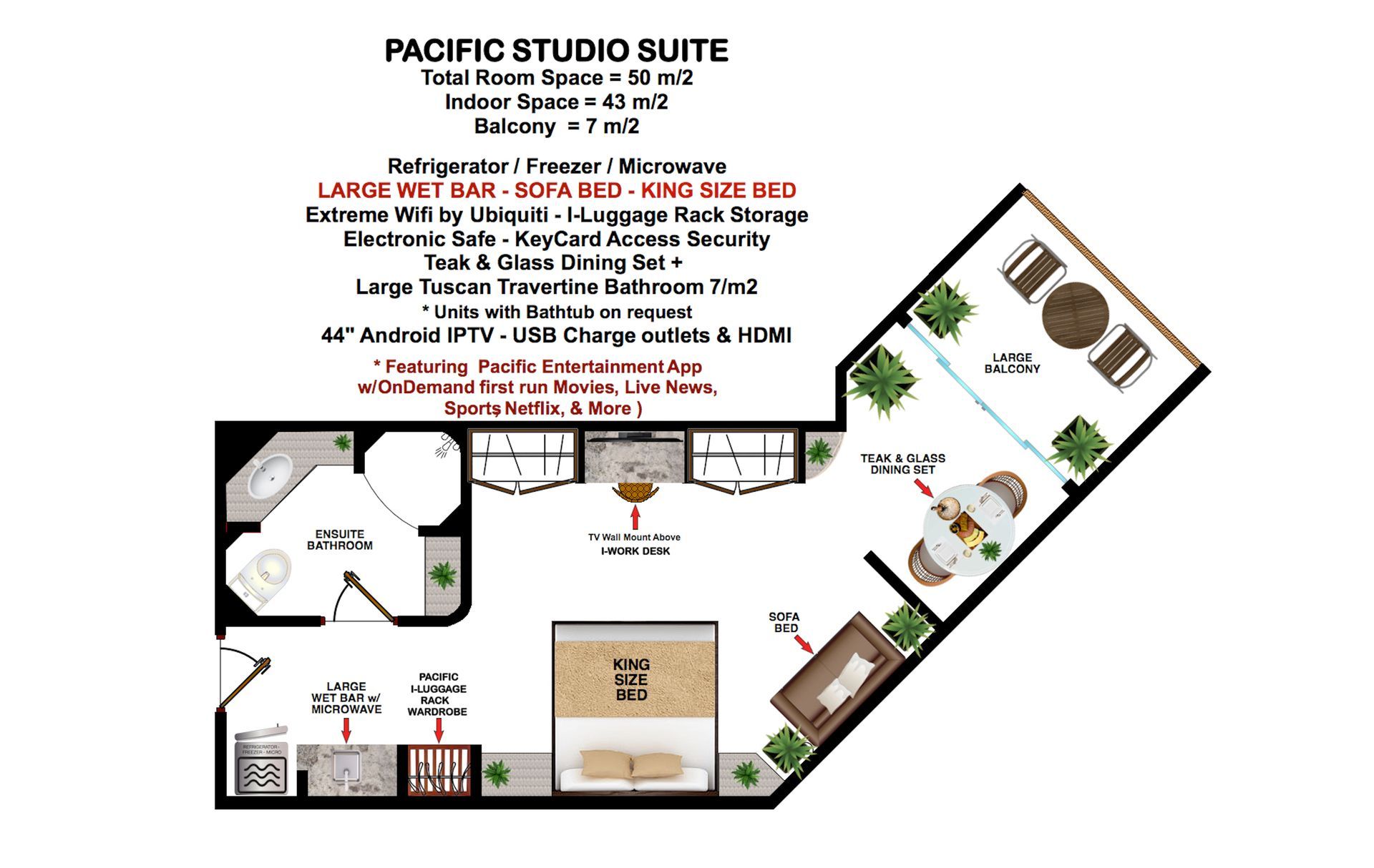 A floor plan of a pacific studio suite