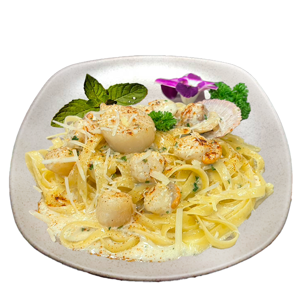 A plate of pasta with scallops and shrimp on a white background.