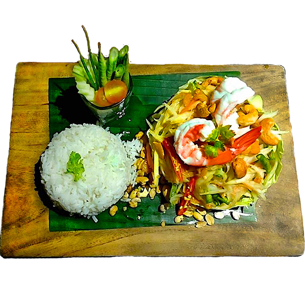 A plate of food with rice and shrimp on a wooden cutting board