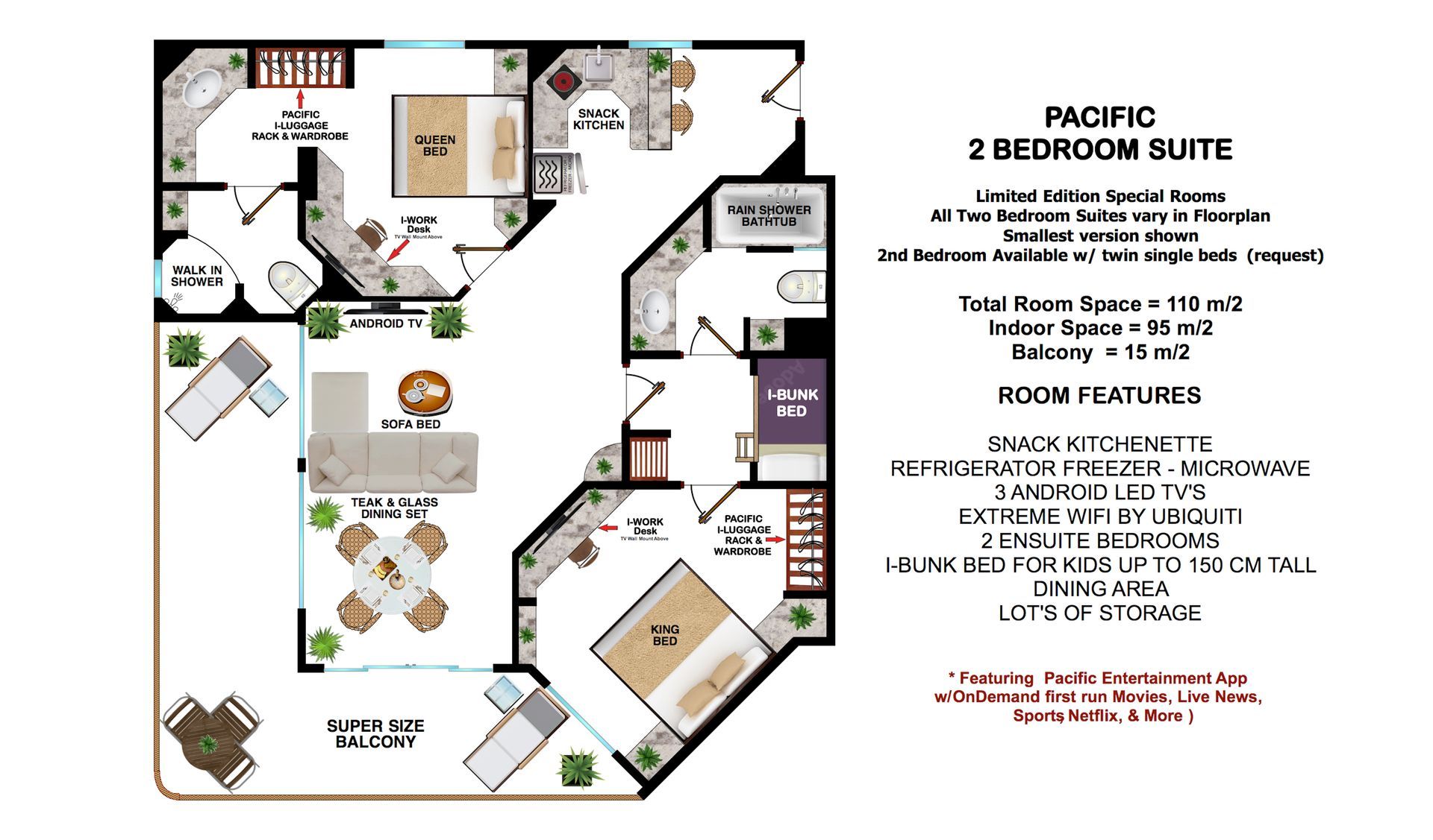 A floor plan of a pacific 2 bedroom suite
