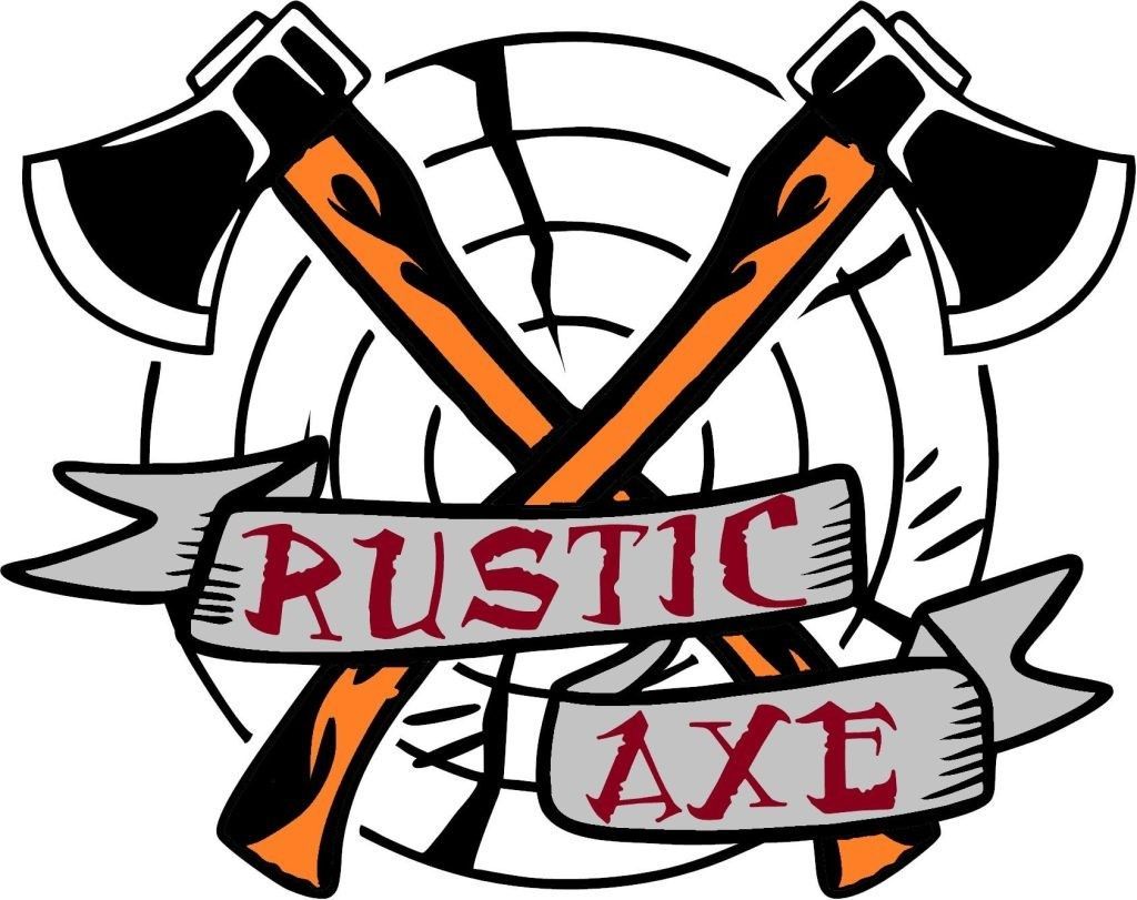 Two crossed axes with orange handles, over a target, ribbon reads