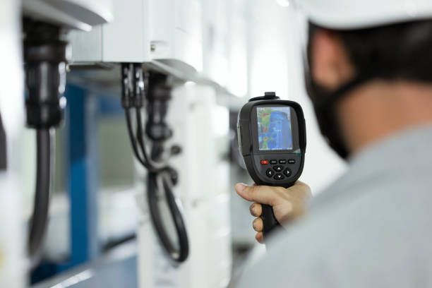 A man is using a thermal camera to check the temperature of a machine.