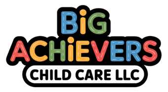 Logo for Big Achievers Child Care LLC: colorful text on a black-outlined white background.