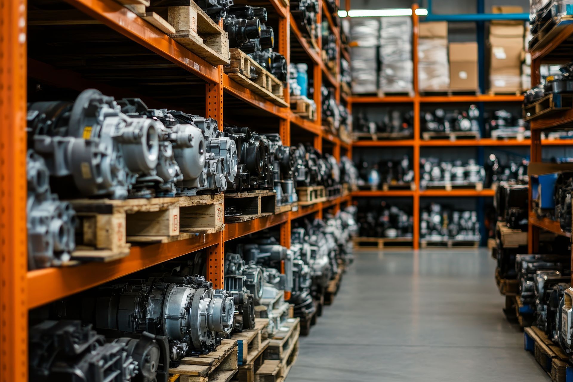 Warehouse shelves filled with stacked automotive parts and engines.