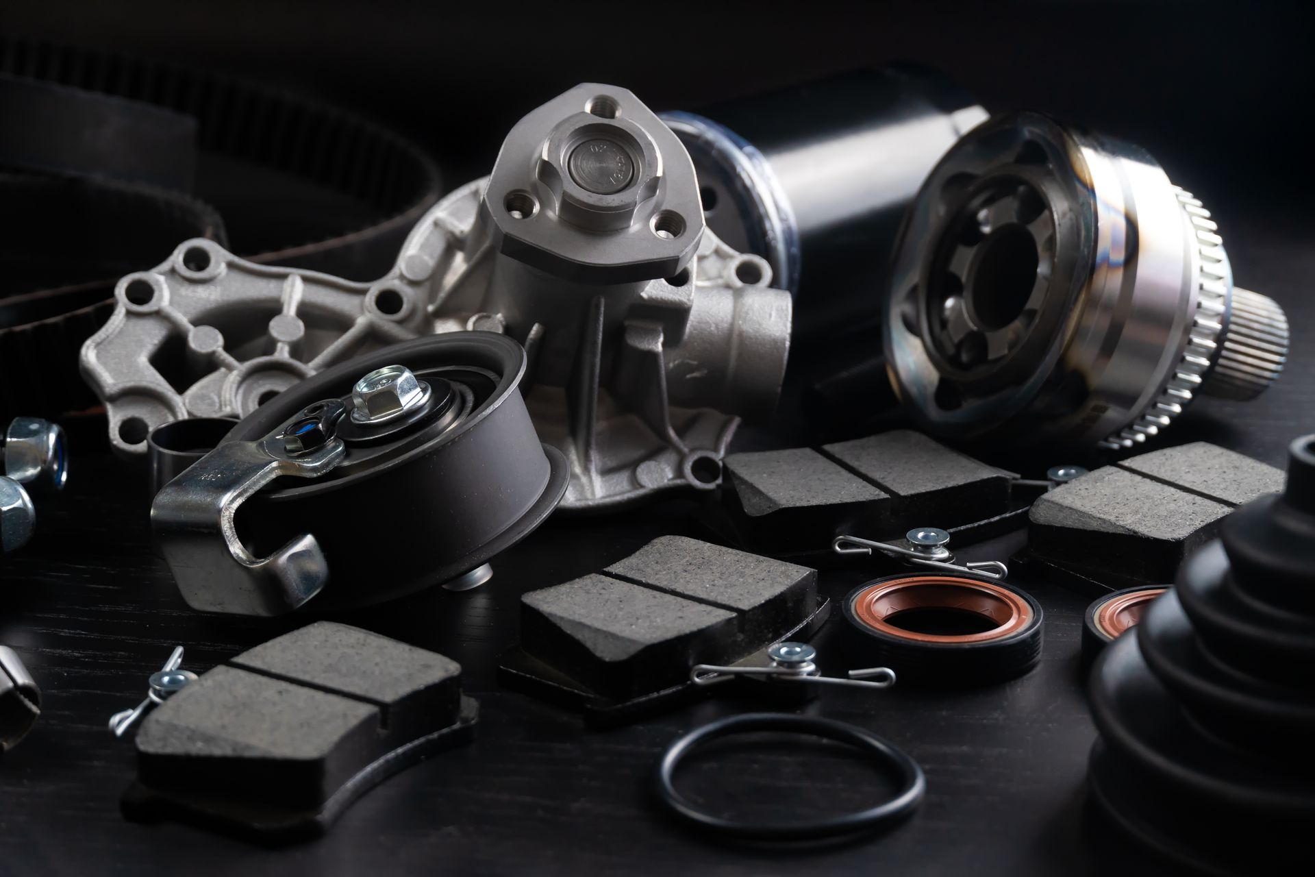 Car parts, including brake pads, water pump, and drive shaft, on a dark surface.