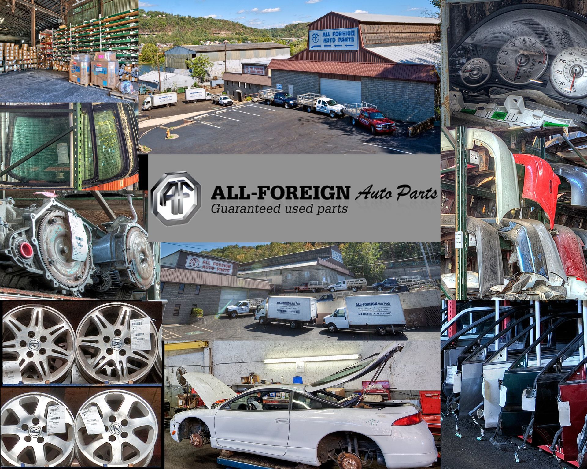 A collage of pictures of cars and trucks with the words all foreign auto parts on the bottom