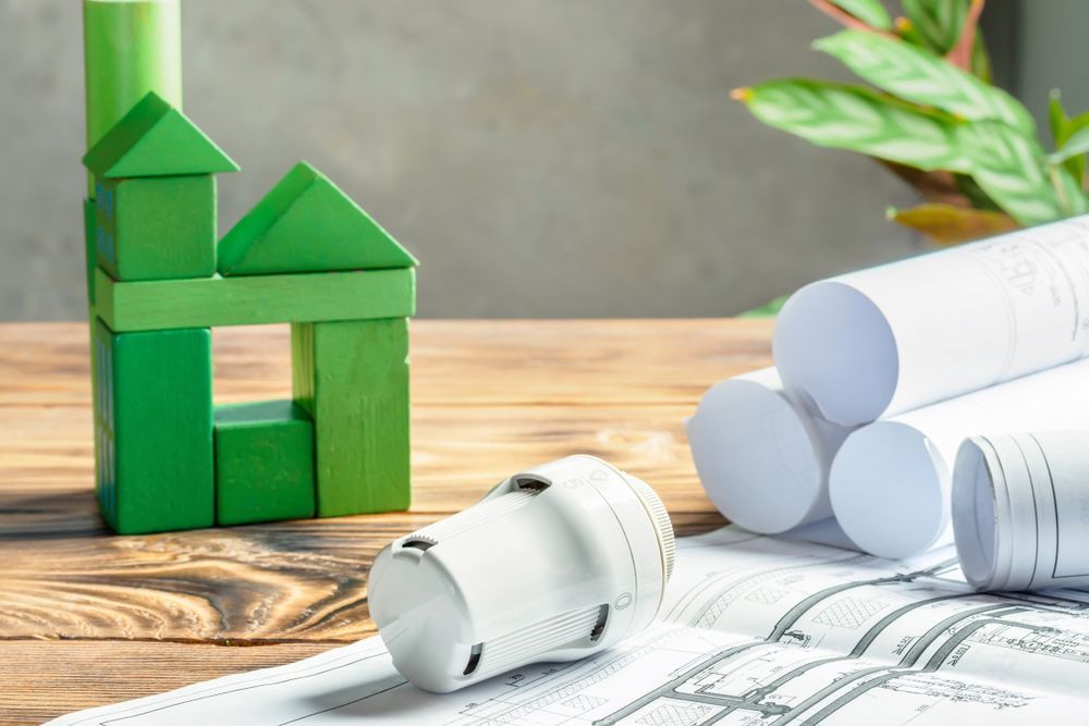 A Wooden Table Topped with Rolls of Paper, Green Blocks, and A Thermostat — Hager Surveying In Ballina, NSW