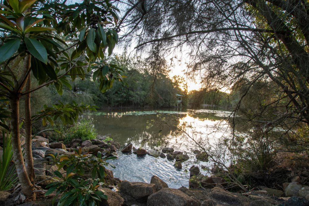 A Lake Surrounded by Trees and Rocks with The Sun Shining Through — Hager Surveying In Gold Coast, QLD