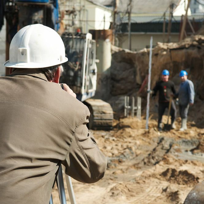 A Man Wearing a Hard Hat Is Taking a Picture of A Construction Site — Hager Surveying In Ballina, NSW