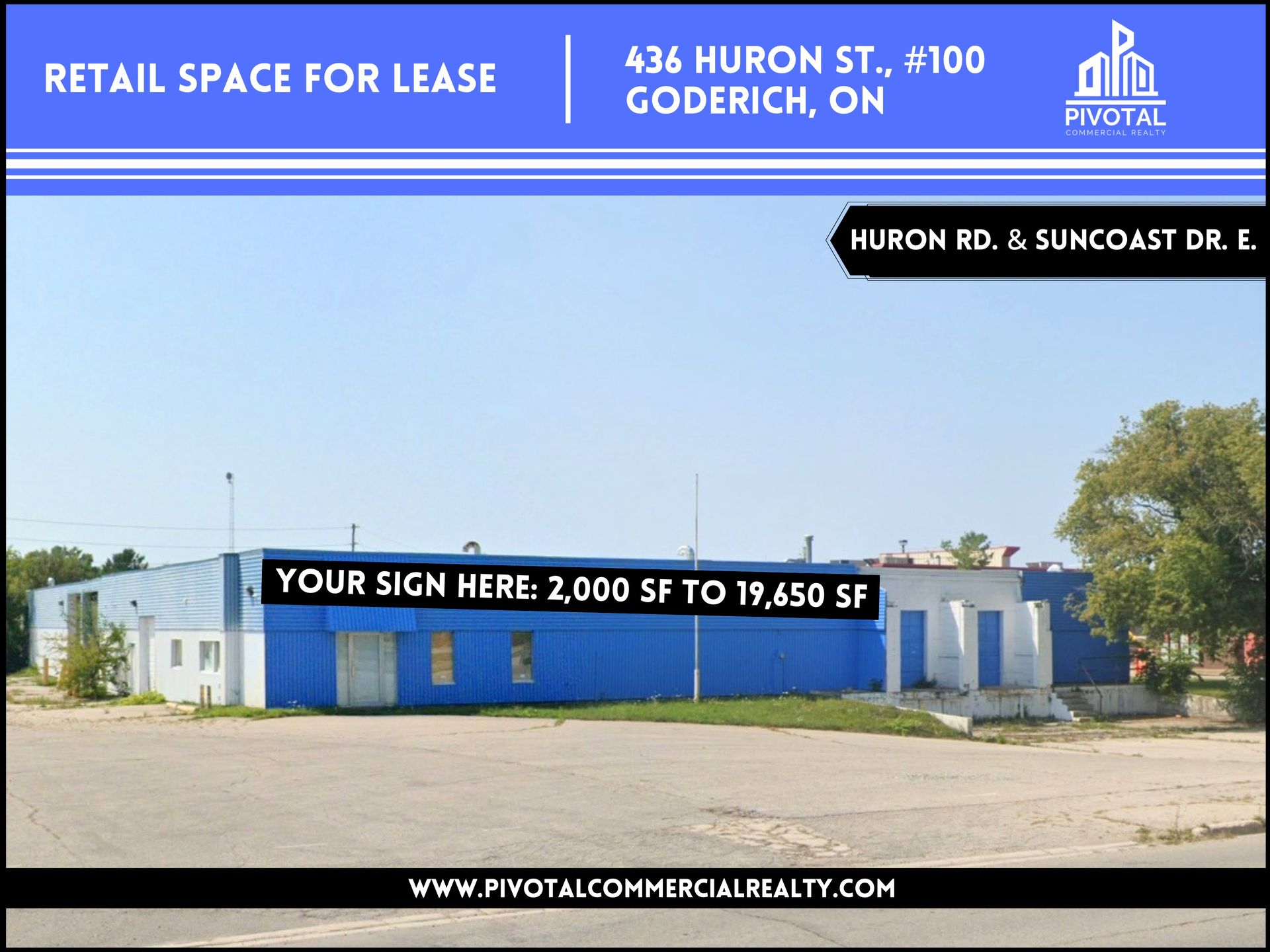 Retail space for lease at 436 Huron St. in Goderich, ON. Blue and white building with 2,000 to 19,450 SF available.